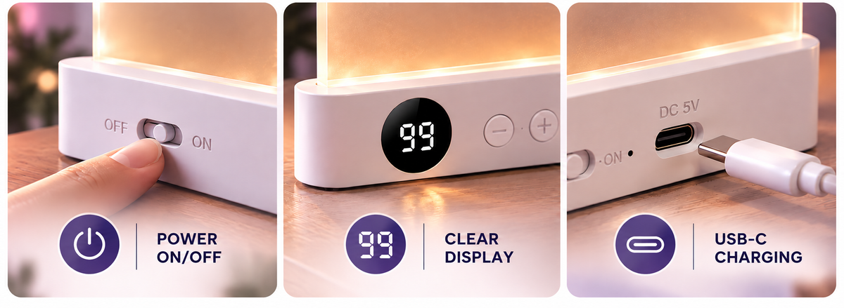 Power switch, timer display and USB-C charging